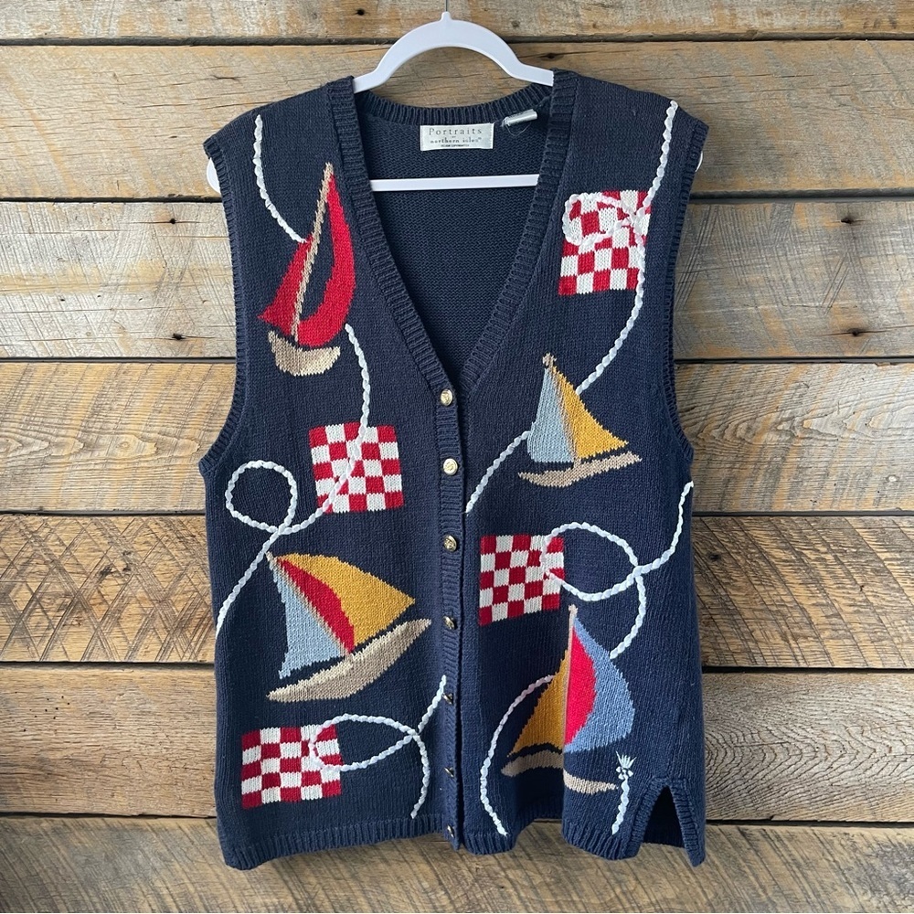 VTG Portraits Northern Isles Blue Nautical Sailboat Knit Button Vest Preppy Med